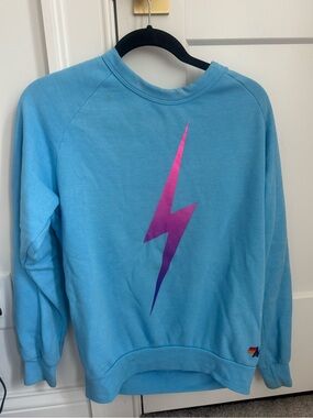Aviator Nation Blue Crewneck Sweatshirt with Pink-Purple Lightning Bolt